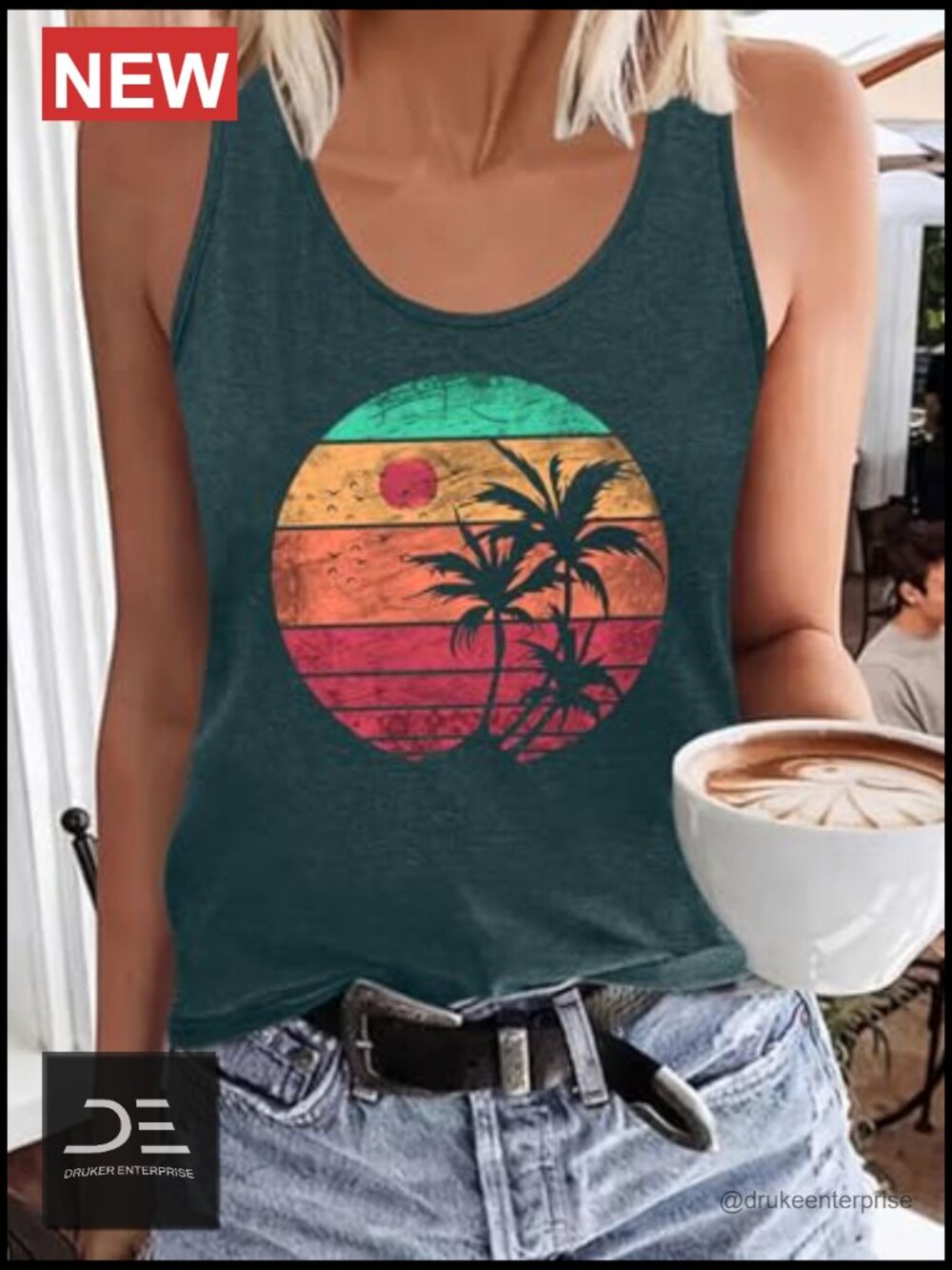 Women's Vintage Graphic Tank Top Summer Beach Loose Sleeveless Racerback Cami - Picture 3 of 7